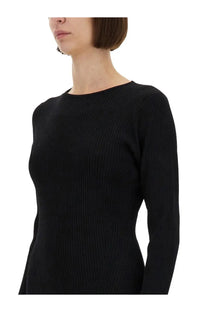 Rotate Birger Christensen women’s black ribbed knit mini dress with long sleeves and a round neckline
