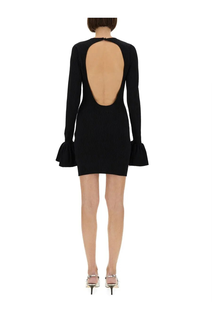 Rotate birger christensen women’s black ribbed knit mini dress with backless design and flared long sleeves back view