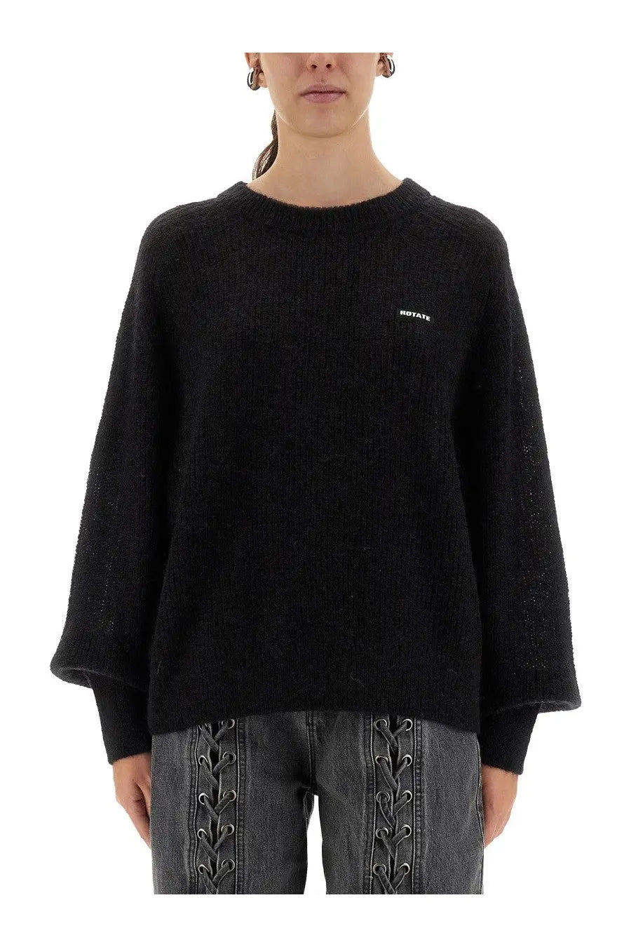 Rotate birger christensen women’s black knit sweater with textured fuzzy fabric and long bell sleeves