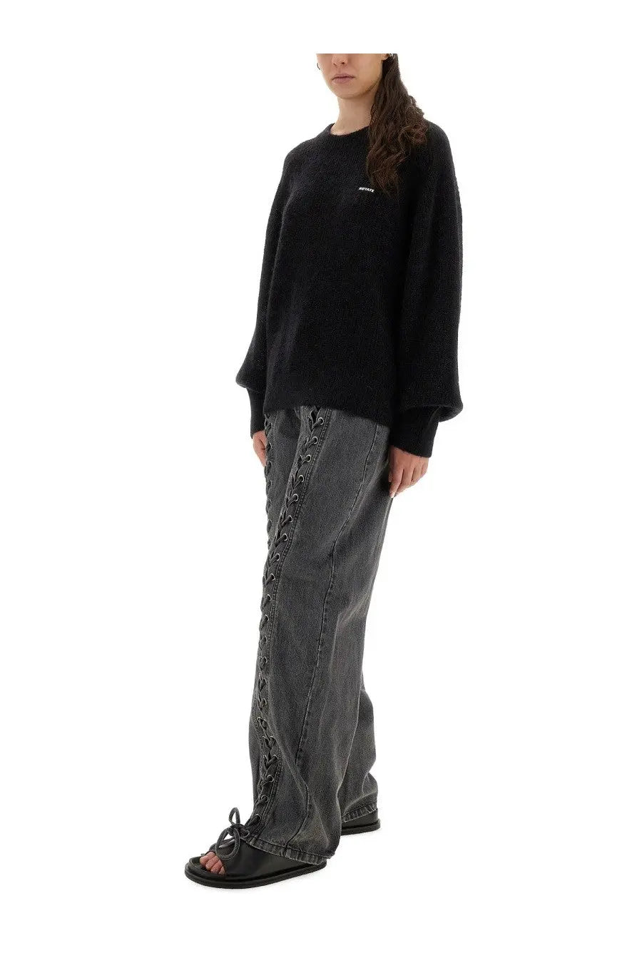 Rotate birger christensen women’s lightweight black ribbed knit sweater with small white logo on chest