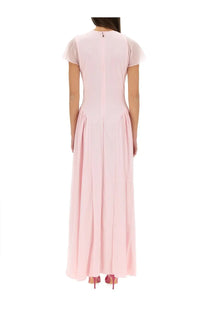 Rotate Birger Christensen women’s long dress blue with soft pink flowing maxi design short sheer sleeves and fitted bodice
