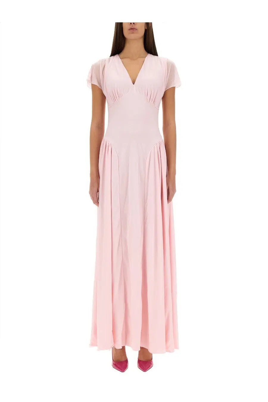 Rotate Birger Christensen women’s long dress in soft pink flowing fabric with v-neckline and short sleeves