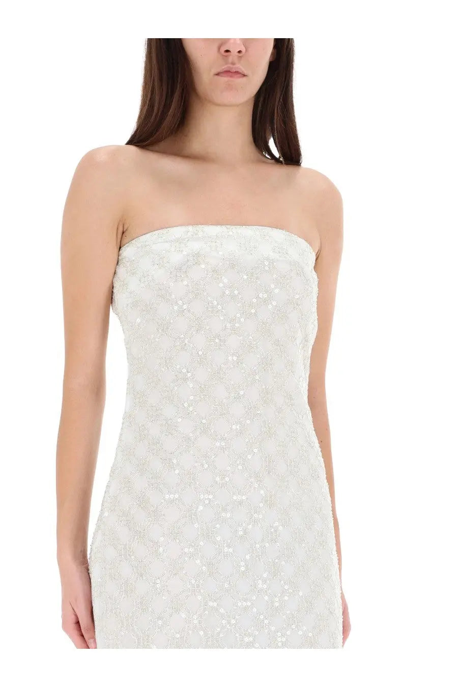 Rotate Birger Christensen women’s long strapless white dress with intricate lace and subtle shimmering embellishments