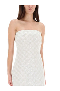 Rotate Birger Christensen women’s long strapless white dress with intricate lace and subtle shimmering embellishments