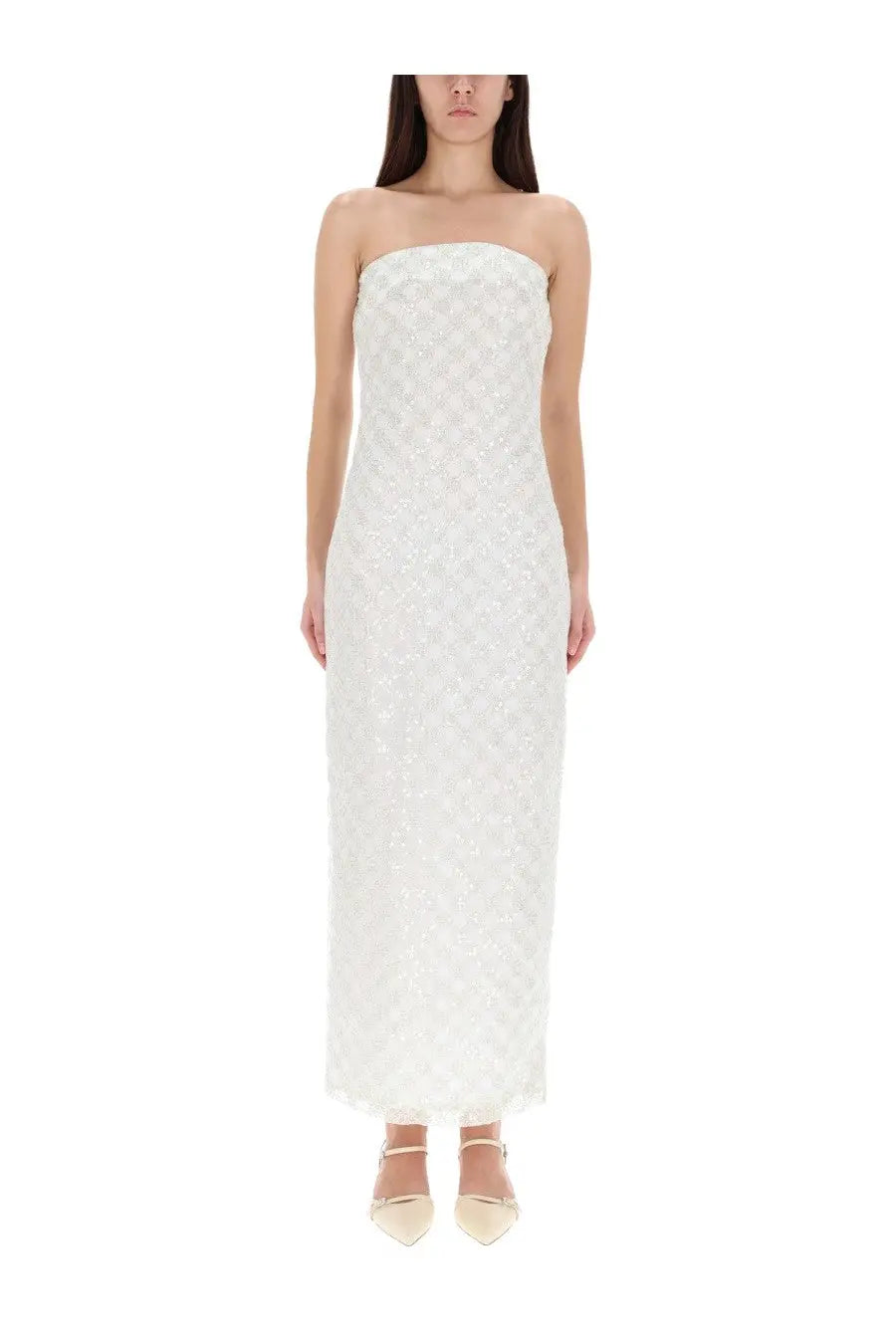 Rotate Birger Christensen women’s strapless floor-length white dress with subtle textured pattern and delicate embellishments