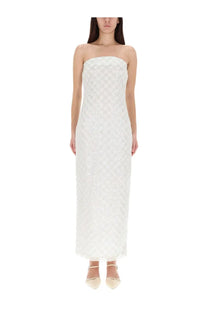 Rotate Birger Christensen women’s strapless floor-length white dress with subtle textured pattern and delicate embellishments