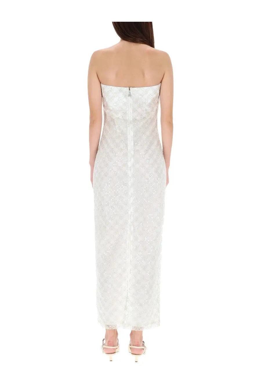 Back view of rotate birger christensen women’s long white strapless lace dress with subtle shimmer and beaded zipper detail