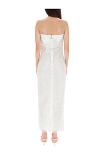 Back view of rotate birger christensen women’s long white strapless lace dress with subtle shimmer and beaded zipper detail
