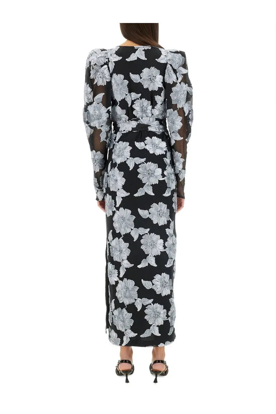 Rotate birger christensen women’s black floral maxi dress with sheer long sleeves and fitted waist