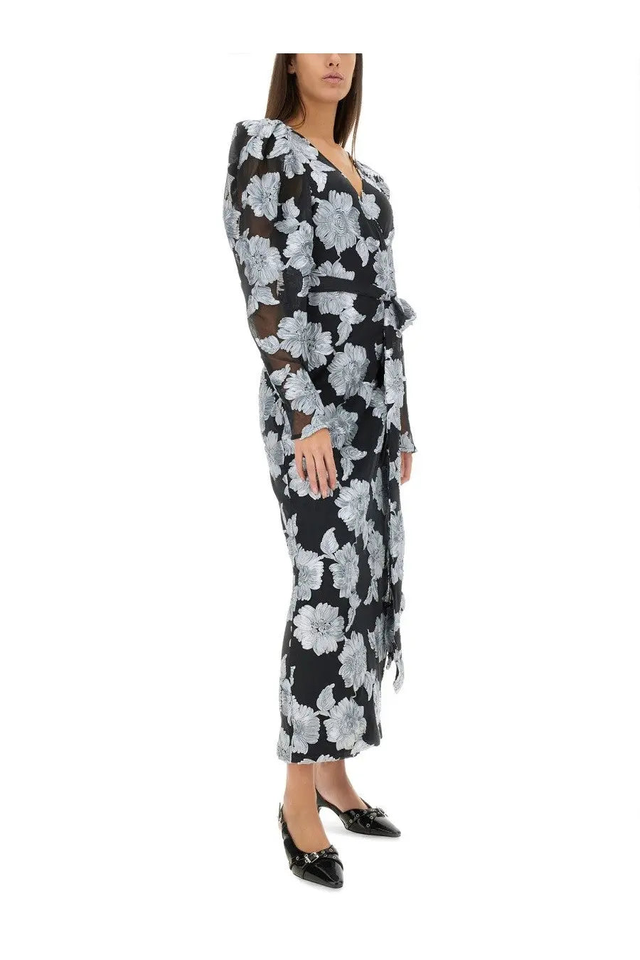 Rotate Birger Christensen women’s black floral wrap dress with sheer long sleeves and silver-toned belt detail