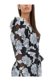 Rotate birger christensen women’s long black wrap dress with silver floral embroidery and sheer mesh panels