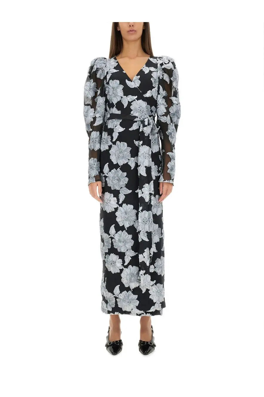 Rotate Birger Christensen women’s long black wrap dress with white floral print and sheer long sleeves