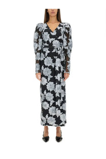 Rotate Birger Christensen women’s long black wrap dress with white floral print and sheer long sleeves