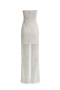 Rotate Birger Christensen women’s strapless floor-length grey lace dress with fitted bodice and sheer overlay