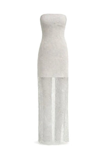 Rotate Birger Christensen women’s grey long lace strapless maxi dress with high slit and intricate floral pattern
