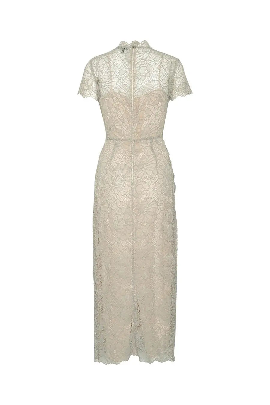 Rotate Birger Christensen women’s pink long lace dress with delicate ivory lace midi dress design short sleeves high neckline