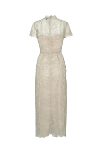 Rotate Birger Christensen women’s pink long lace dress with delicate ivory lace midi dress design short sleeves high neckline
