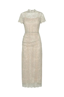 Rotate Birger Christensen women’s long pink lace dress with short sleeves and a high neckline in delicate ivory lace