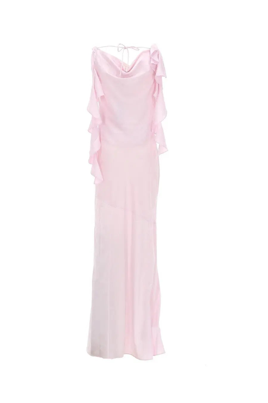 Rotate Birger Christensen women’s long satin gown in soft pink with ruffled shoulders and a cowl neckline