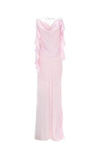 Rotate Birger Christensen women’s long satin gown in soft pink with ruffled shoulders and a cowl neckline