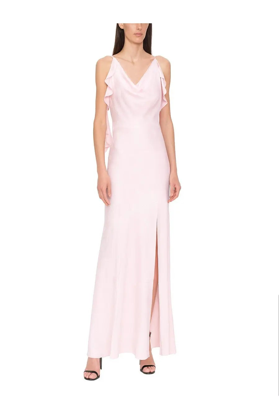 Rotate Birger Christensen women’s soft pink sleeveless maxi dress with ruffle shoulders and v-neckline