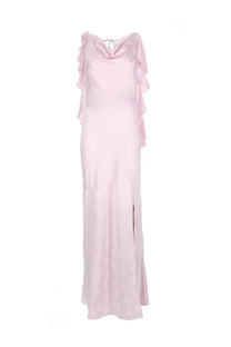 A soft pink satin maxi dress with ruffled shoulders and side slit in the style of rotate birger christensen women’s long waterfall dress blue