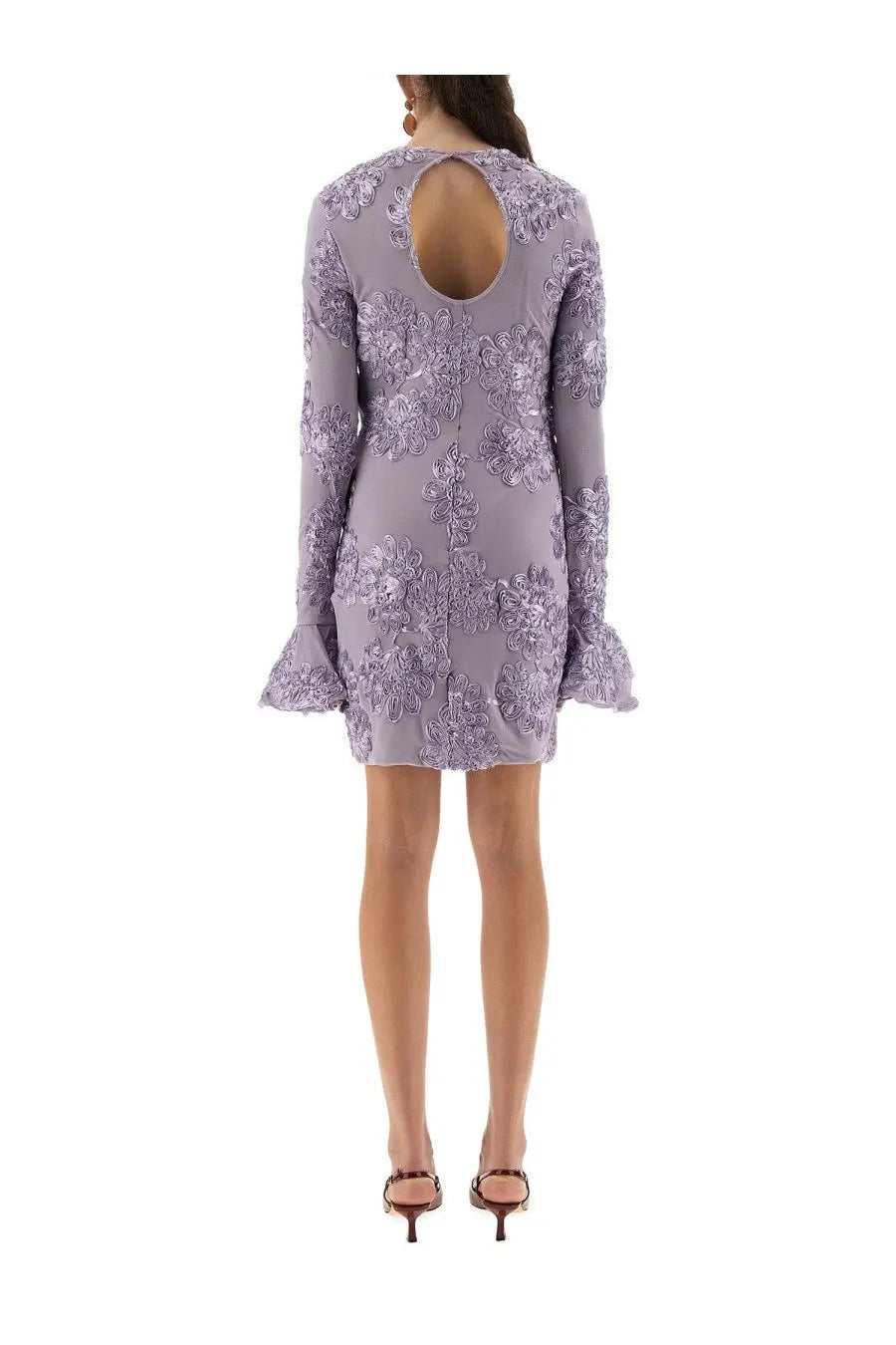 Rotate Birger Christensen women’s purple mesh mini dress with floral lace, long sleeves, back cutout, and flared cuffs