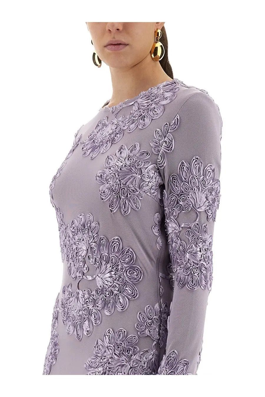 Lavender mesh long-sleeved mini dress by rotate birger christensen with intricate three-dimensional floral embroidery