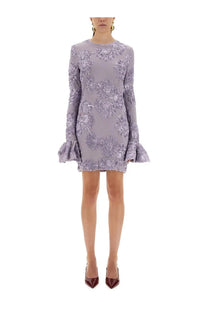 Rotate Birger Christensen women’s mesh mini dress in purple with lavender floral embellishments and long flared sleeves