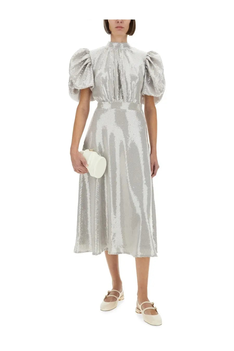 Rotate Birger Christensen women’s silver sequined midi dress with puffed sleeves and high neckline in grey