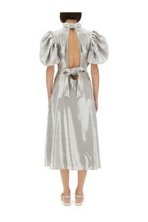 Rotate birger christensen women’s grey midi dress with silver sequins puffed sleeves and back tie detail shown from back