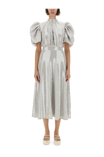 Rotate Birger Christensen women’s grey midi dress with shimmering silver sequins puffed sleeves and high neckline