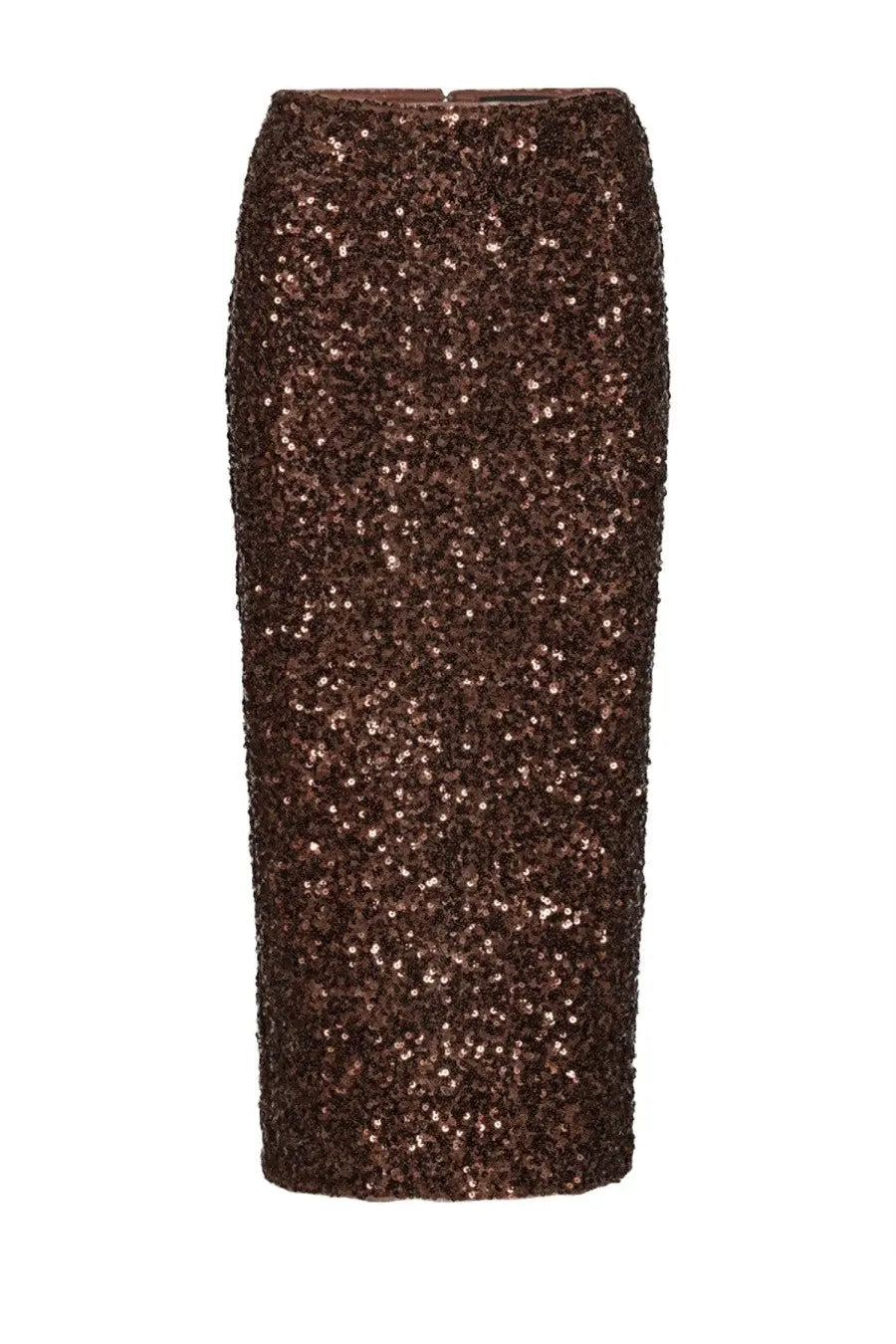 Rotate Birger Christensen women’s midi skirt in brown with a shimmering bronze sequined sleek form-fitting design