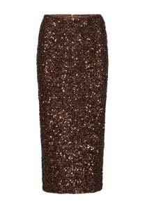 Rotate Birger Christensen women’s midi skirt in brown with a shimmering bronze sequined sleek form-fitting design