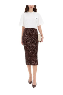 Rotate Birger Christensen women’s brown midi skirt with fitted silhouette and shimmering sequined material