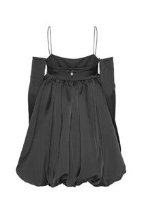 Rotate Birger Christensen women’s black satin off-the-shoulder mini bubble dress with thin straps and gathered waistband