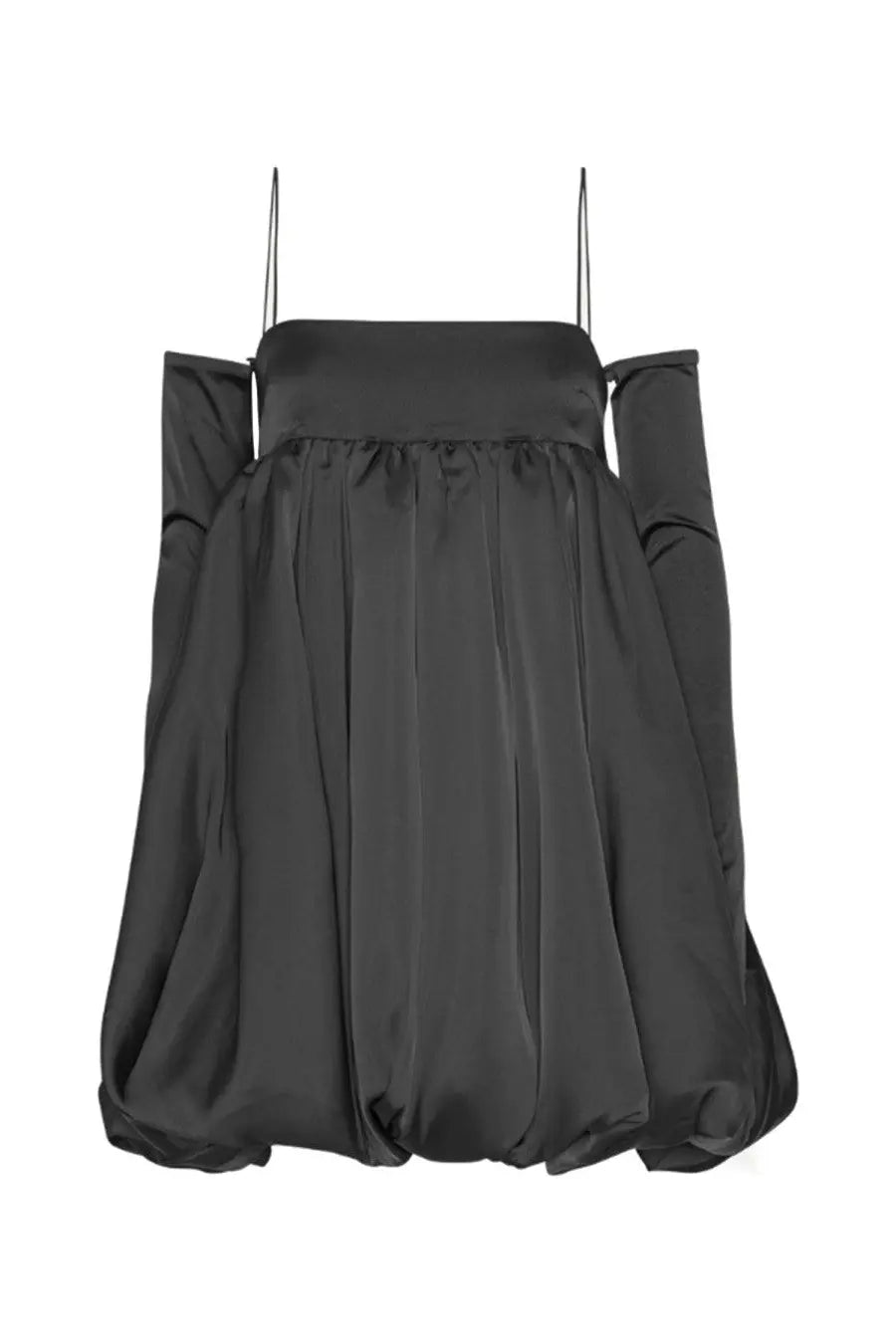 Rotate Birger Christensen women’s black satin mini bubble dress with thin spaghetti straps and puffed sleeves