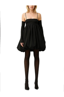 Rotate Birger Christensen women’s black off-the-shoulder mini bubble dress with long sleeves and flared skirt