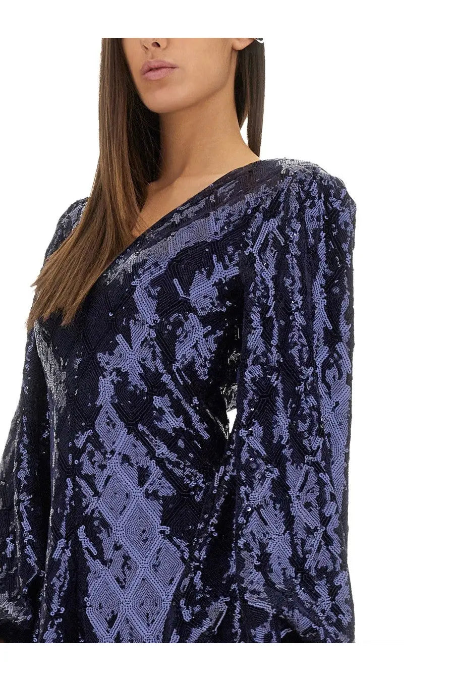Rotate birger christensen women’s mini dress blue with navy and lavender sequined v-neck long sleeve geometric top