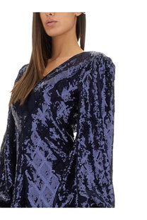 Rotate birger christensen women’s mini dress blue with navy and lavender sequined v-neck long sleeve geometric top