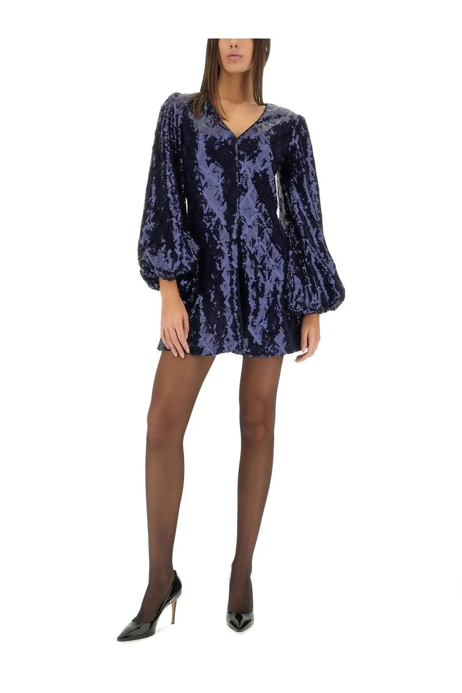 Rotate Birger Christensen women’s navy blue sequined mini dress with long puffy sleeves and v neckline