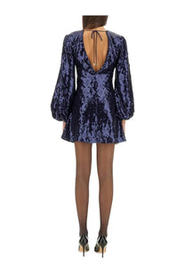 Rotate Birger Christensen women’s navy blue sequined mini dress with long puffy sleeves and back tie detail shown from back