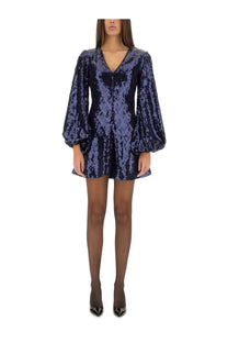 Rotate Birger Christensen women’s navy blue sequined mini dress with v-neckline and bell sleeves