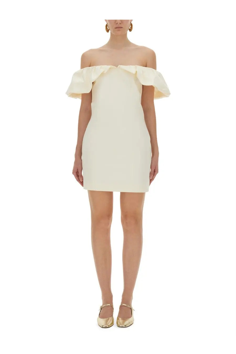 Off-the-shoulder cream mini dress with ruffled sleeves from rotate birger christensen in lightweight fabric