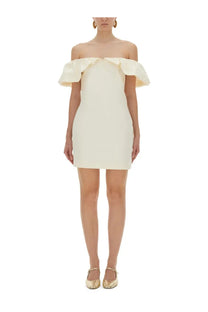 Off-the-shoulder cream mini dress with ruffled sleeves from rotate birger christensen in lightweight fabric