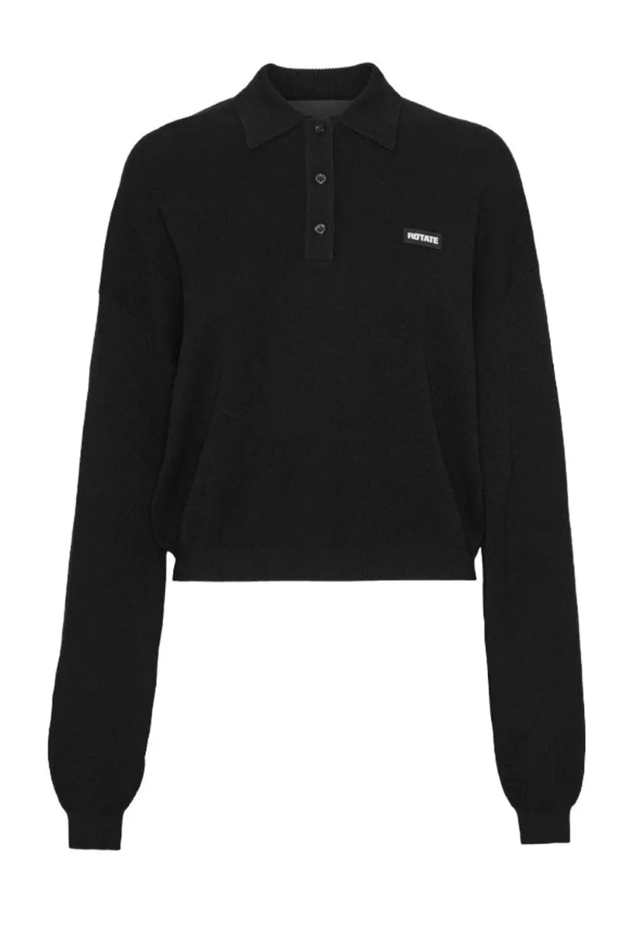 Rotate Birger Christensen women’s black long-sleeved cropped polo shirt with subtle rotate logo patch on the chest