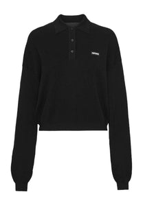 Rotate Birger Christensen women’s black long-sleeved cropped polo shirt with subtle rotate logo patch on the chest