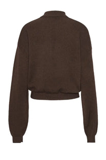 Brown cropped knit sweater with a ribbed turtleneck and long sleeves.
