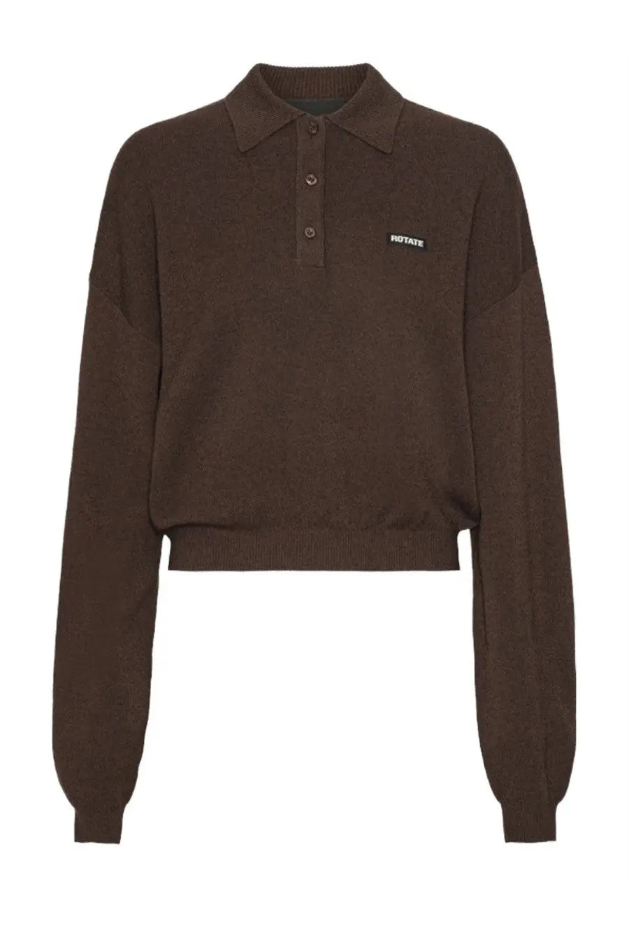 Brown knit polo sweater with cropped silhouette and subtle rotate branding on chest by Rotate Birger Christensen women’s