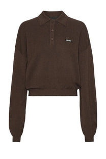 Brown knit polo sweater with cropped silhouette and subtle rotate branding on chest by Rotate Birger Christensen women’s